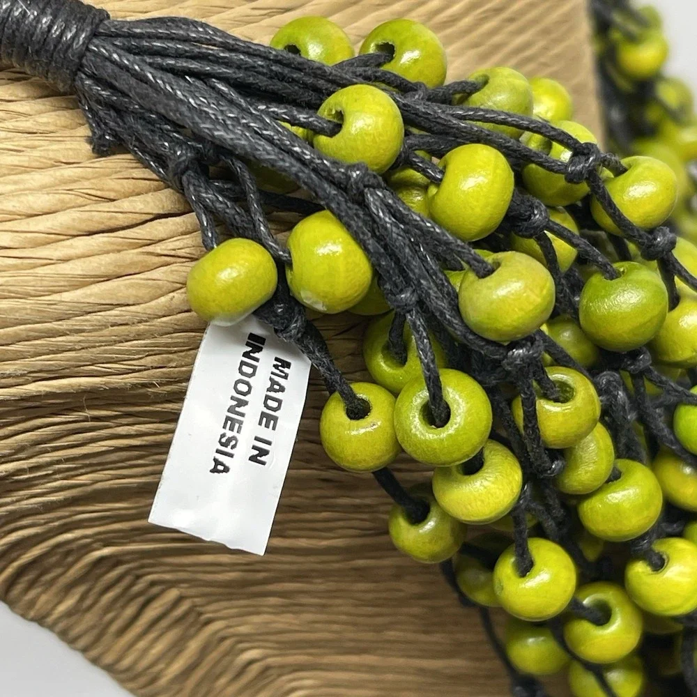 Bohemian Wooden Bead Necklace & Bracelet Set Multi Strand Chunky Lime Green